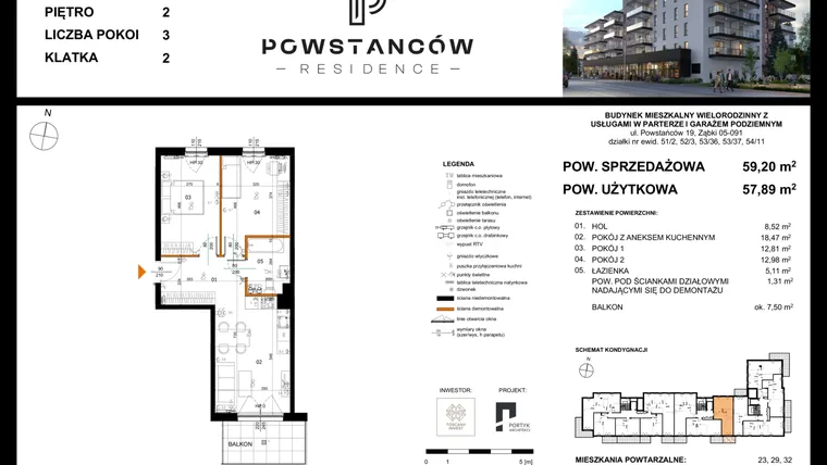 Rzut - Mieszkanie na sprzedaż 3 pokoje o powierzchni 57,9 m² - numer 26 w Powstańców Residence