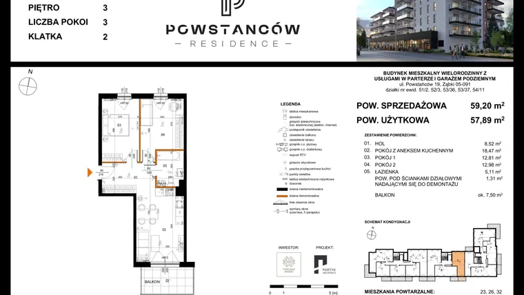 Rzut - Mieszkanie na sprzedaż 3 pokoje o powierzchni 57,89 m² - numer 29 w Powstańców Residence