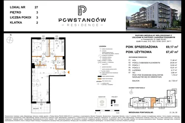 Rzut - Mieszkanie na sprzedaż 3 pokoje o powierzchni 67,42 m² - numer 27 w Powstańców Residence