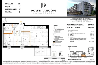 Rzut - Mieszkanie na sprzedaż 3 pokoje o powierzchni 53,21 m² - numer 28 w Powstańców Residence