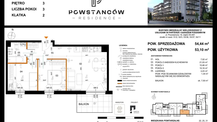 Rzut - Mieszkanie na sprzedaż 3 pokoje o powierzchni 53,21 m² - numer 28 w Powstańców Residence