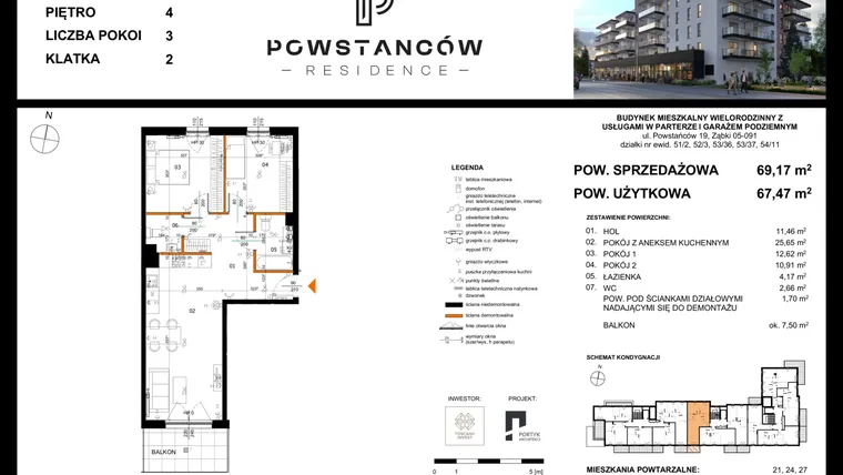 Rzut - Mieszkanie na sprzedaż 3 pokoje o powierzchni 67,47 m² - numer 30 w Powstańców Residence