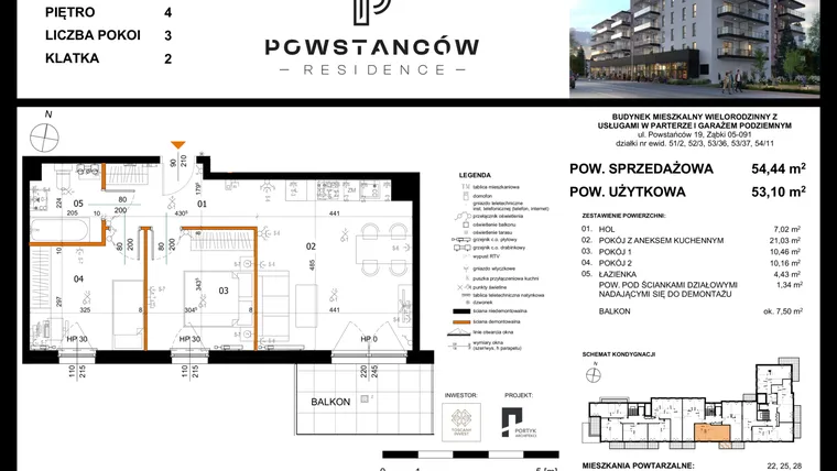 Rzut - Mieszkanie na sprzedaż 3 pokoje o powierzchni 53,04 m² - numer 31 w Powstańców Residence