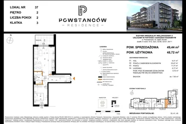 Rzut - Mieszkanie na sprzedaż 2 pokoje o powierzchni 48,62 m² - numer 37 w Powstańców Residence