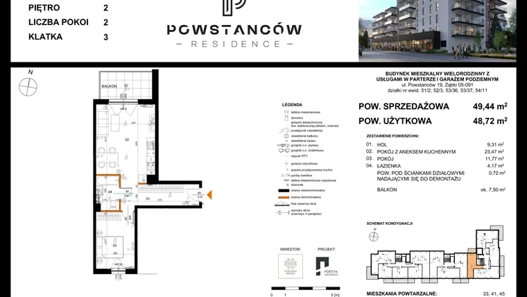 Rzut - Mieszkanie na sprzedaż 2 pokoje o powierzchni 48,62 m² - numer 37 w Powstańców Residence