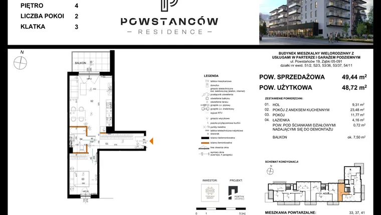 Rzut - Mieszkanie na sprzedaż 2 pokoje o powierzchni 48,73 m² - numer 45 w Powstańców Residence