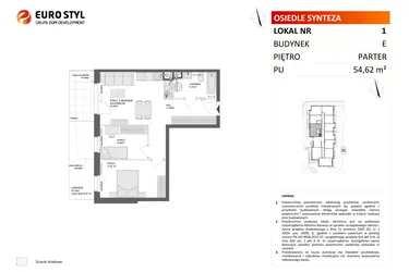 Rzut - Mieszkanie na sprzedaż 3 pokoje o powierzchni 54,62 m² - numer E.1 w Osiedle Synteza etap IV