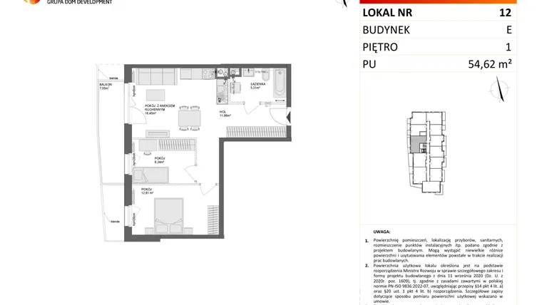 Rzut - Mieszkanie na sprzedaż 3 pokoje o powierzchni 54,62 m² - numer E.12 w Osiedle Synteza etap IV