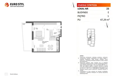 Rzut - Mieszkanie na sprzedaż 2 pokoje o powierzchni 47,29 m² - numer E.23 w Osiedle Synteza etap IV