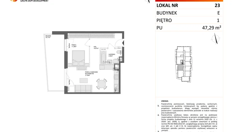 Rzut - Mieszkanie na sprzedaż 2 pokoje o powierzchni 47,29 m² - numer E.23 w Osiedle Synteza etap IV