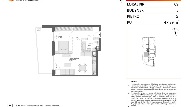 Rzut - Mieszkanie na sprzedaż 2 pokoje o powierzchni 47,29 m² - numer E.69 w Osiedle Synteza etap IV