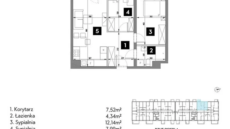 Rzut - Mieszkanie na sprzedaż 3 pokoje o powierzchni 51,92 m² - numer A2/1/8 w Metr Kwadrat