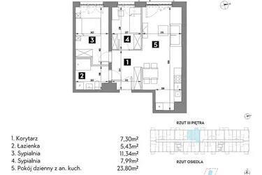 Rzut - Mieszkanie na sprzedaż 3 pokoje o powierzchni 55,94 m² - numer A1/3/8 w Metr Kwadrat