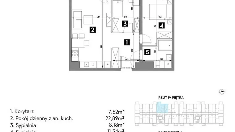 Rzut - Mieszkanie na sprzedaż 3 pokoje o powierzchni 55,1 m² - numer A1/4/7 w Metr Kwadrat