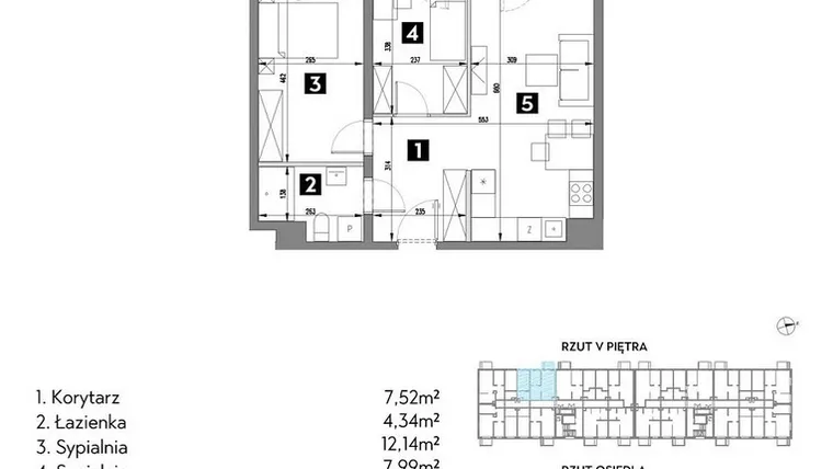 Rzut - Mieszkanie na sprzedaż 3 pokoje o powierzchni 51,98 m² - numer A1/5/6 w Metr Kwadrat