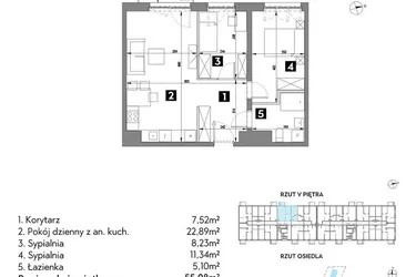 Rzut - Mieszkanie na sprzedaż 3 pokoje o powierzchni 55,07 m² - numer A1/5/7 w Metr Kwadrat