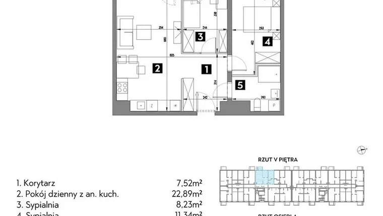 Rzut - Mieszkanie na sprzedaż 3 pokoje o powierzchni 55,07 m² - numer A1/5/7 w Metr Kwadrat