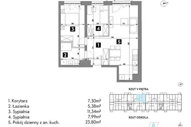 Rzut - Mieszkanie na sprzedaż 3 pokoje o powierzchni 55,86 m² - numer A1/5/8 w Metr Kwadrat