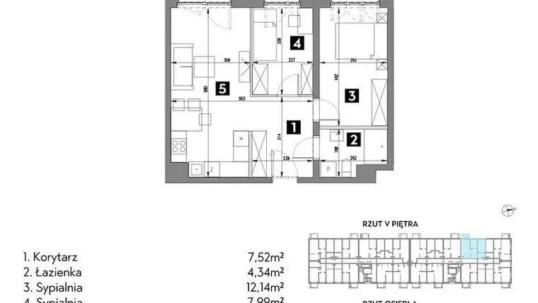 Rzut - Mieszkanie na sprzedaż 3 pokoje o powierzchni 51,78 m² - numer A2/5/7 w Metr Kwadrat