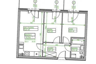 Rzut - Mieszkanie na sprzedaż 2 pokoje o powierzchni 43,33 m² - numer B.II.3 w Osiedle Opolska