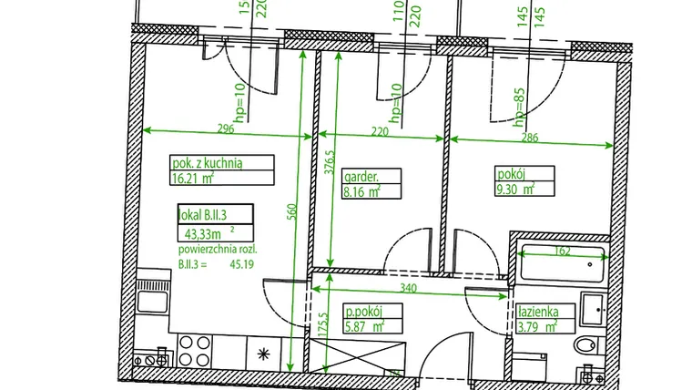 Rzut - Mieszkanie na sprzedaż 2 pokoje o powierzchni 43,33 m² - numer B.II.3 w Osiedle Opolska