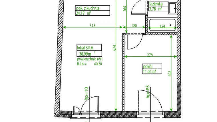 Rzut - Mieszkanie na sprzedaż 2 pokoje o powierzchni 38,93 m² - numer B.II.6 w Osiedle Opolska
