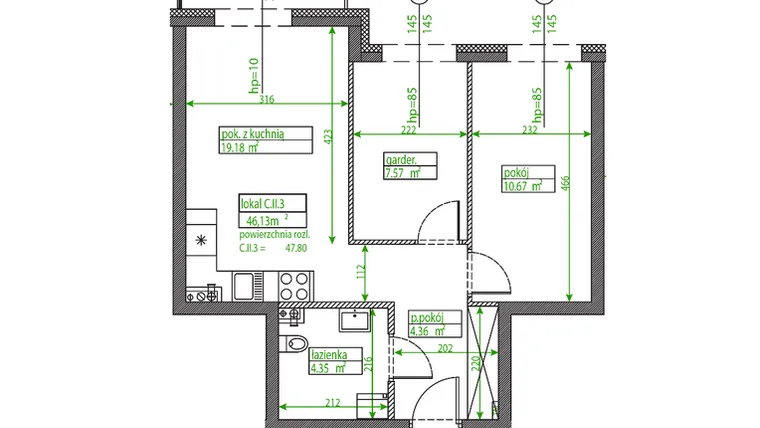 Rzut - Mieszkanie na sprzedaż 2 pokoje o powierzchni 46,06 m² - numer C.II.3 w Osiedle Opolska