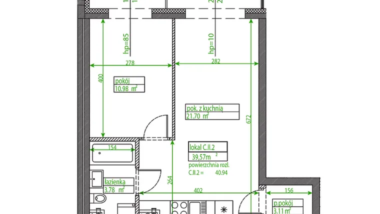 Rzut - Mieszkanie na sprzedaż 2 pokoje o powierzchni 39,42 m² - numer C.II.2 w Osiedle Opolska