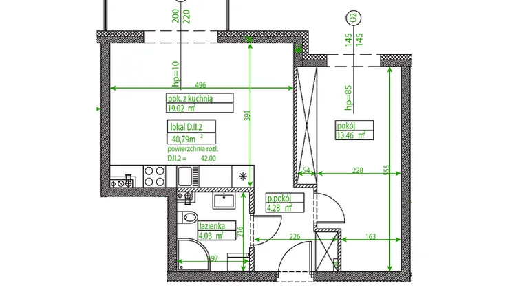 Rzut - Mieszkanie na sprzedaż 2 pokoje o powierzchni 40,72 m² - numer D.II.2 w Osiedle Opolska