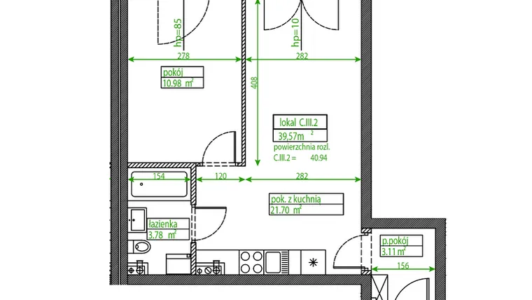 Rzut - Mieszkanie na sprzedaż 2 pokoje o powierzchni 39,57 m² - numer C.III.2 w Osiedle Opolska