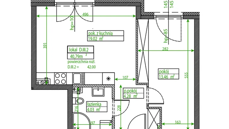 Rzut - Mieszkanie na sprzedaż 2 pokoje o powierzchni 40,79 m² - numer D.III.2 w Osiedle Opolska
