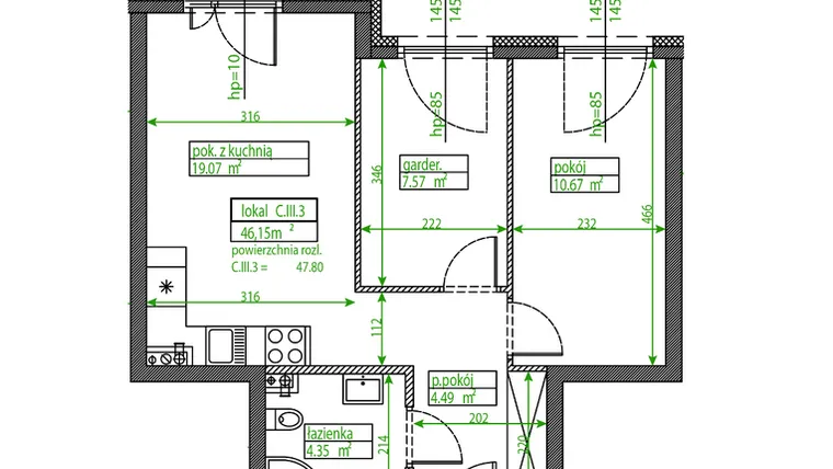 Rzut - Mieszkanie na sprzedaż 2 pokoje o powierzchni 46,15 m² - numer C.III.3 w Osiedle Opolska
