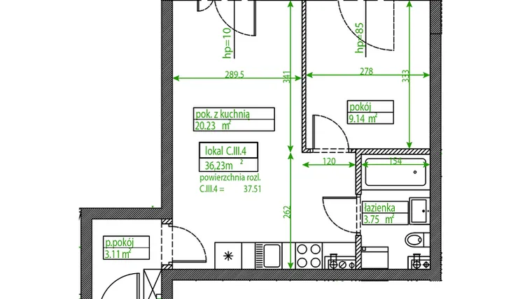 Rzut - Mieszkanie na sprzedaż 1 pokój o powierzchni 36,23 m² - numer C.III.4 w Osiedle Opolska