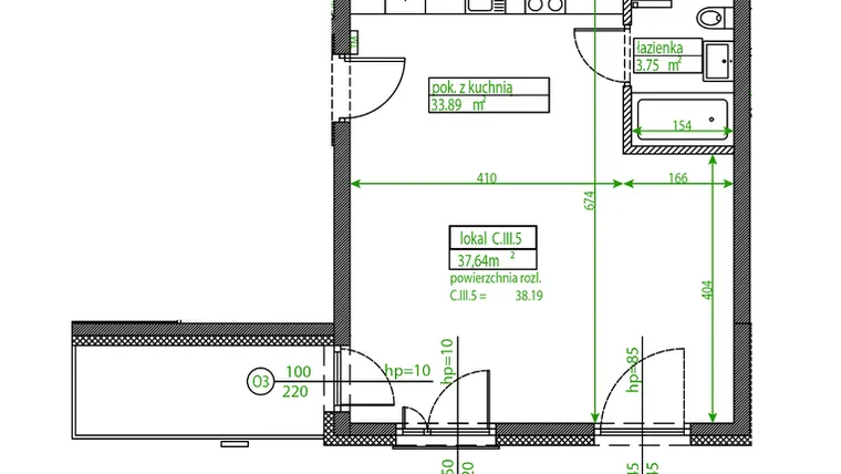 Rzut - Mieszkanie na sprzedaż 1 pokój o powierzchni 37,64 m² - numer C.III.5 w Osiedle Opolska