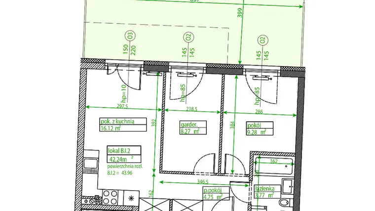 Rzut - Mieszkanie na sprzedaż 2 pokoje o powierzchni 42,16 m² - numer B.I.2 w Osiedle Opolska