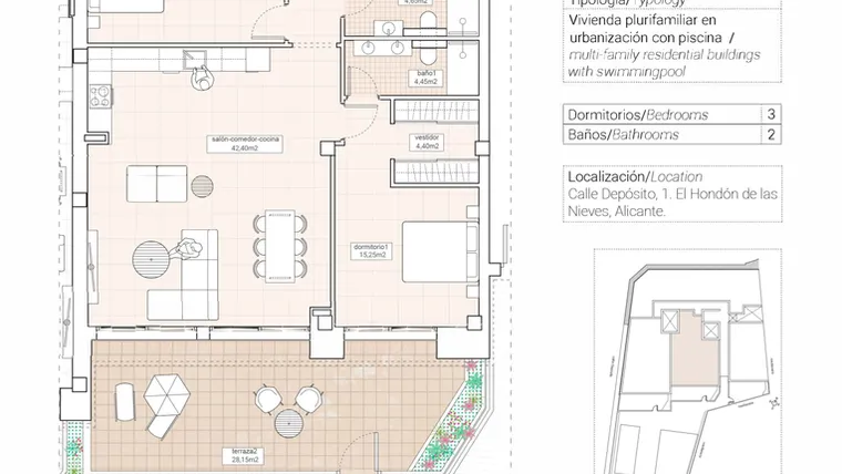 Rzut - Mieszkanie na sprzedaż 3 pokoje o powierzchni 127,32 m² - numer 2.2 w Mieszkania w Hondón de las Nieves - 65879943