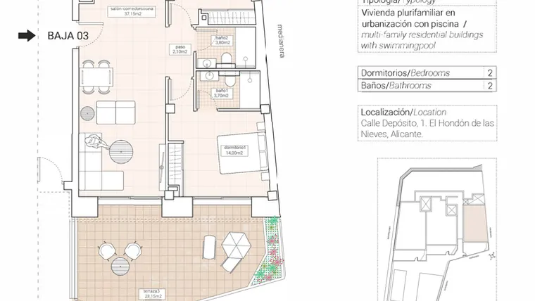 Rzut - Mieszkanie na sprzedaż 2 pokoje o powierzchni 90,05 m² - numer 3.3 w Mieszkania w Hondón de las Nieves - 65879943