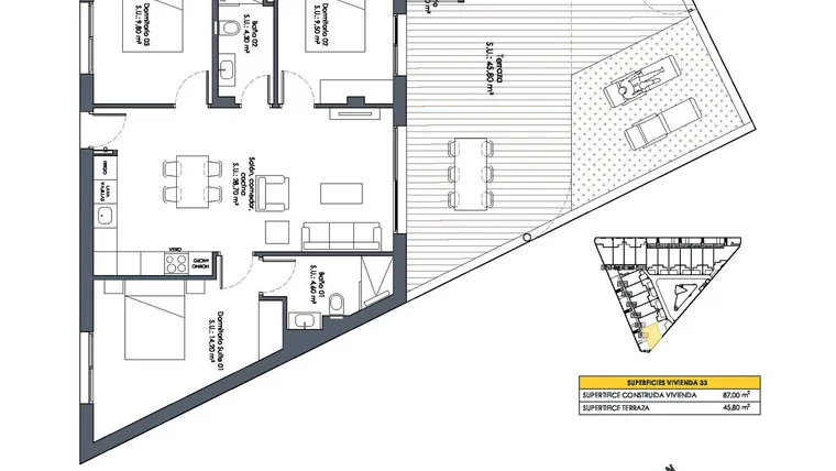 Rzut - Dom na sprzedaż 3 pokoje o powierzchni 87 m² - numer 33 w Domy w San Fulgencio - 46495750