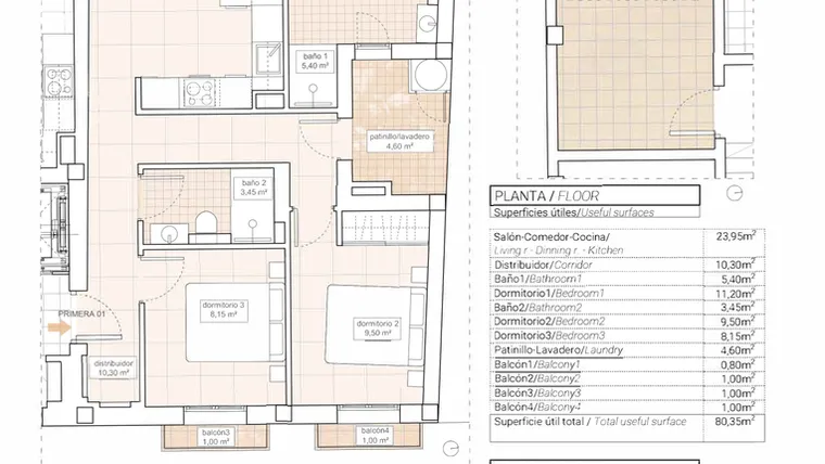 Rzut - Mieszkanie na sprzedaż 3 pokoje o powierzchni 92,5 m² - numer 1 w Mieszkania w Hondón de las Nieves - 33400272
