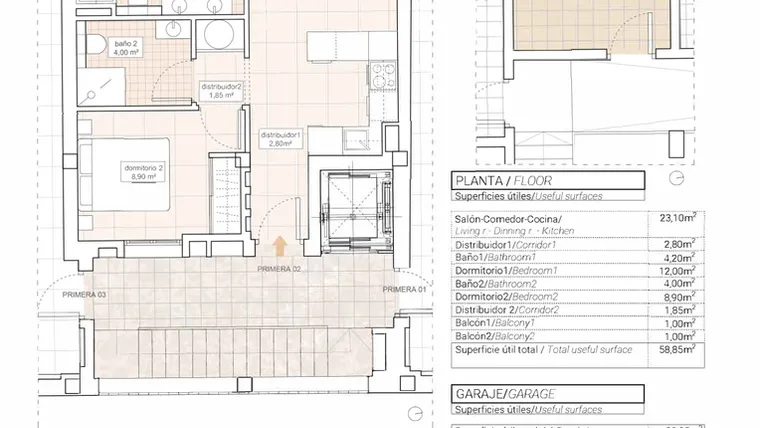 Rzut - Mieszkanie na sprzedaż 2 pokoje o powierzchni 66,25 m² - numer 2.1 w Mieszkania w Hondón de las Nieves - 33400272