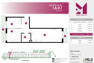 Rzut - Mieszkanie na sprzedaż 3 pokoje o powierzchni 54,26 m² - numer 1.B.0.1 w 2M Apartments etap IV