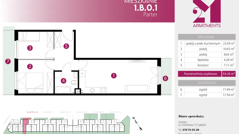 Rzut - Mieszkanie na sprzedaż 3 pokoje o powierzchni 54,26 m² - numer 1.B.0.1 w 2M Apartments etap IV