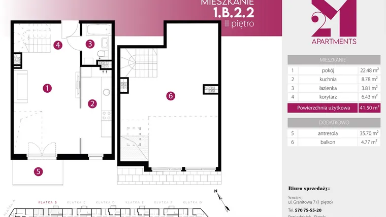 Rzut - Mieszkanie na sprzedaż 2 pokoje o powierzchni 77,2 m² - numer 1.B.2.2 w 2M Apartments etap IV