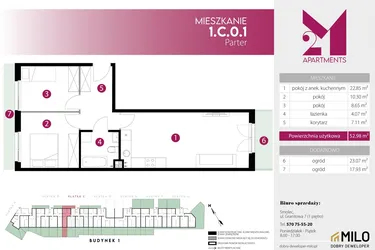 Rzut - Mieszkanie na sprzedaż 3 pokoje o powierzchni 52,98 m² - numer 1.C.0.1 w 2M Apartments etap IV