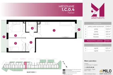 Rzut - Mieszkanie na sprzedaż 3 pokoje o powierzchni 54,08 m² - numer 1.C.0.4 w 2M Apartments etap IV