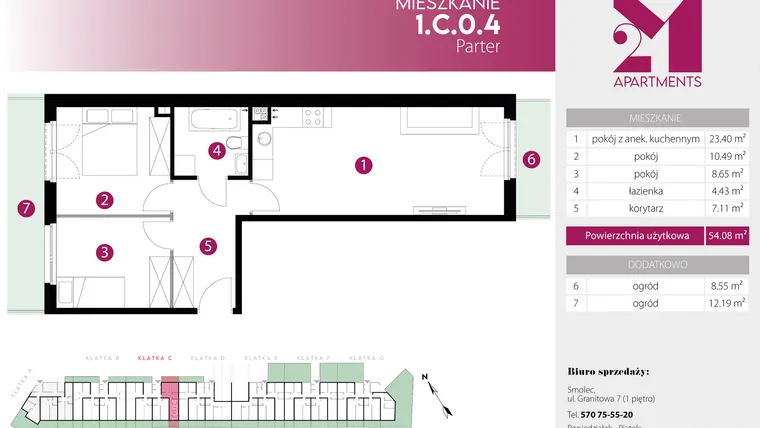 Rzut - Mieszkanie na sprzedaż 3 pokoje o powierzchni 54,08 m² - numer 1.C.0.4 w 2M Apartments etap IV