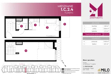 Rzut - Mieszkanie na sprzedaż 2 pokoje o powierzchni 47,3 m² - numer 1.C.2.4 w 2M Apartments etap IV