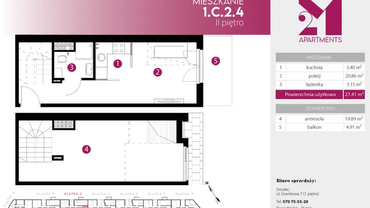 Rzut - Mieszkanie na sprzedaż 2 pokoje o powierzchni 47,3 m² - numer 1.C.2.4 w 2M Apartments etap IV