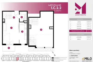Rzut - Mieszkanie na sprzedaż 2 pokoje o powierzchni 77,19 m² - numer 1.C.2.2 w 2M Apartments etap IV