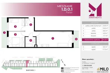 Rzut - Mieszkanie na sprzedaż 3 pokoje o powierzchni 54,36 m² - numer 1.D.0.1 w 2M Apartments etap IV